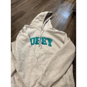 Obey Hoodie Mens Large Heather Grey Teal Applique Logo Pullover Streetwear